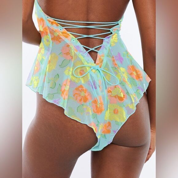 Savage X Fenty Free Spirit Floral Mesh Teddy Orange Size Medium - Picture 12 of 16